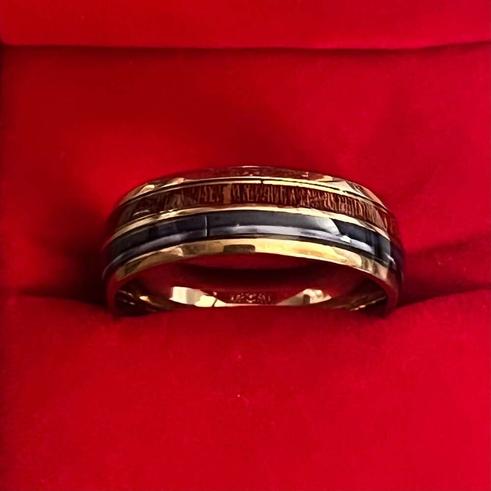 Tungsten Koa Wood and Shell Inlay Gold Polished Finish 8mm Ring Size 13